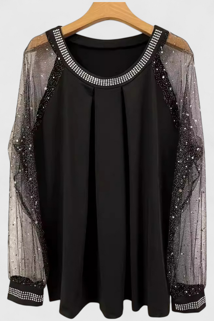 Elegantní květinová blůza s tylovými rukávy a ozdobami z umělých diamantů
